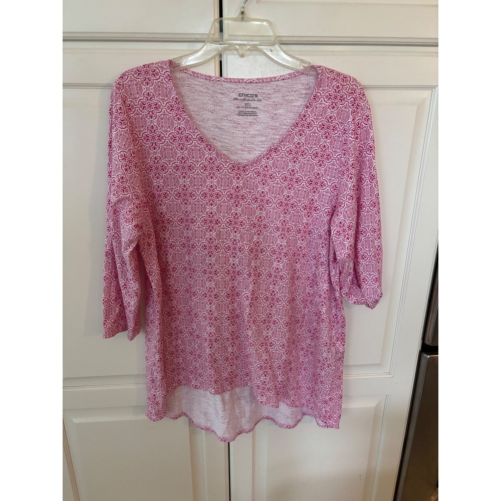 Chicos The Ultimate Tee Pink Medallion V-Neck 3/4 Sleeve Top SizXL